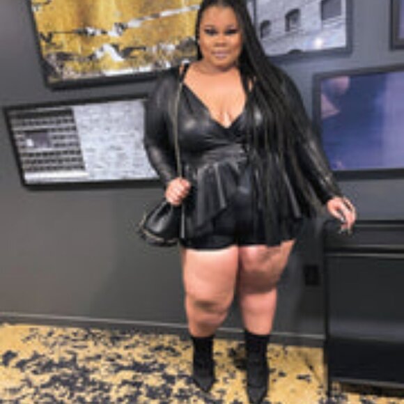 Black Faux Leather Plus Size Asymmetrical Top - Picture 2 of 3